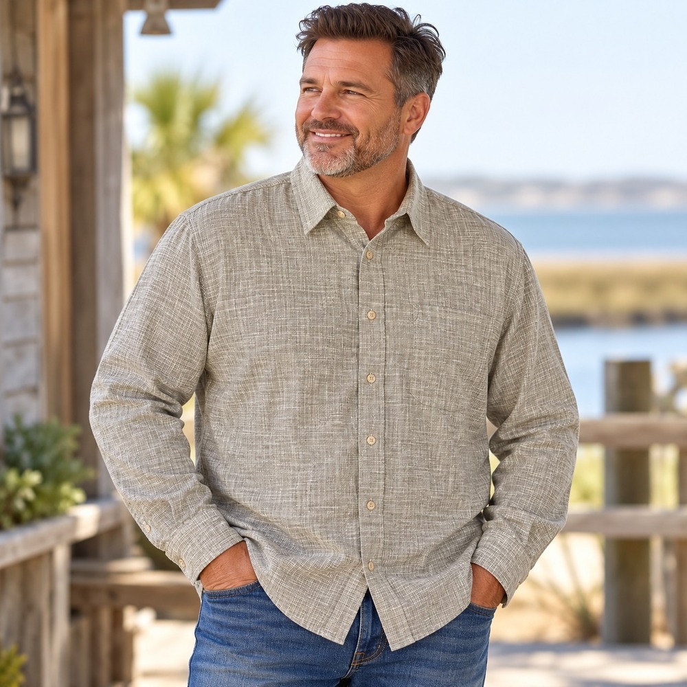 Geoffrey Beene Textured Slub Linen Blend Shirt Men's 16.5 XL Coastal Fisherman